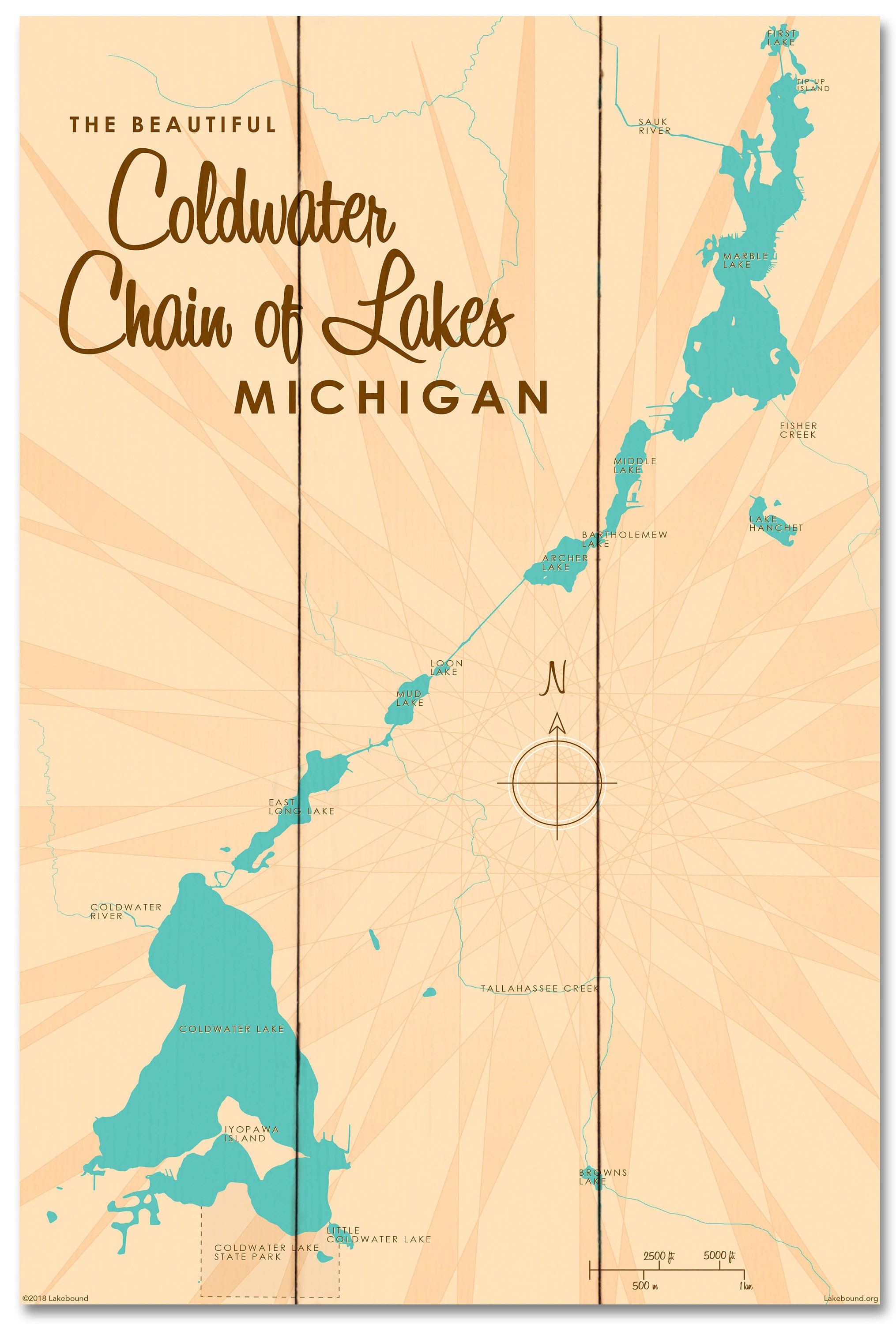 Coldwater Chain of Lakes Michigan Wood Sign Map Art Etsy