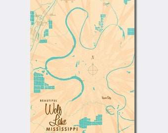Lago Wolf, Mississippi / Decoración de casas en el lago / Arte de cabañas / Regalos con mapas personalizados / Arte con mapas en lienzo