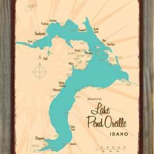 May include: A vintage-style map of Lake Pend Oreille in Idaho, featuring a teal-colored lake against a beige background. The map includes labeled points, compass rose, and the lake's name in a decorative font. The map is framed in a dark brown border.