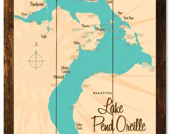 Lake Pend Oreille Idaho, Rustic Wood Sign Map Art