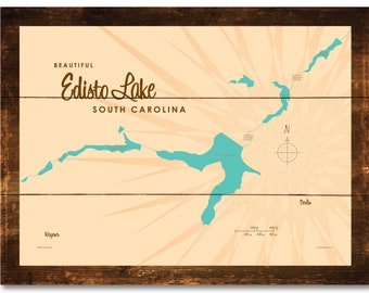 Mapa artístico con letreros de madera rústica en el lago Edisto, Carolina del Sur