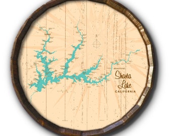 Shasta Lake California, Rustic Barrel End Map Art