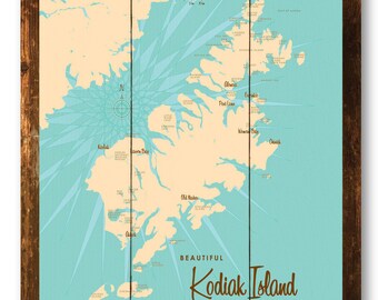Mapa artístico de letreros de madera rústica de la isla Kodiak, Alaska