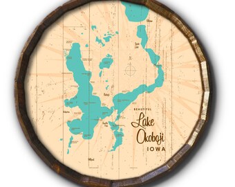 Lake Okoboji Iowa, Rustic Barrel End Map Art