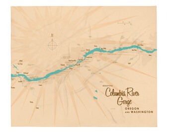 Garganta del río Columbia, Oregón, Washington / Decoración de casas en el lago / Arte de cabaña / Regalos con mapas personalizados / Manta
