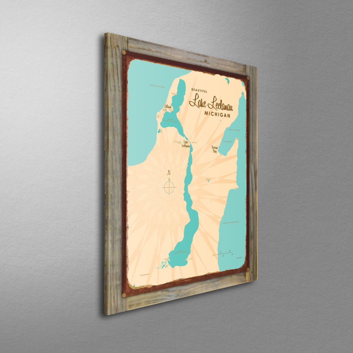 Lake Leelanau Michigan Wood-Mounted Rustic Metal Sign Map Art | Etsy