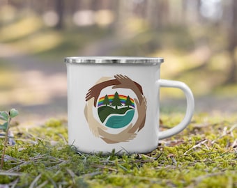 Taza de campamento con inclusión acuática, taza esmaltada, equipo de camping, actividades al aire libre, actividades al aire libre, inclusión, diversidad, diversificar al aire libre, artículos para beber, lago