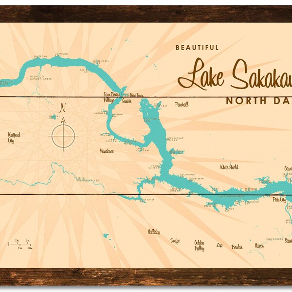 Lake Sakakawea North Dakota, Rustic Wood Sign Map Art