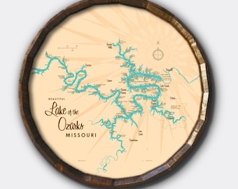 Lago de los Ozarks, Misuri (con marcadores de millas) / Decoración de casas en el lago / Arte de cabañas / Regalos de mapas personalizados / Arte de mapas de barril