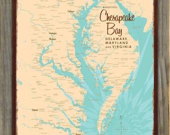 Bahía de Chesapeake, Maryland, Virginia / Decoración de casas en el lago / Arte de cabañas / Regalos de mapas personalizados / Letreros rústicos de metal montados en madera