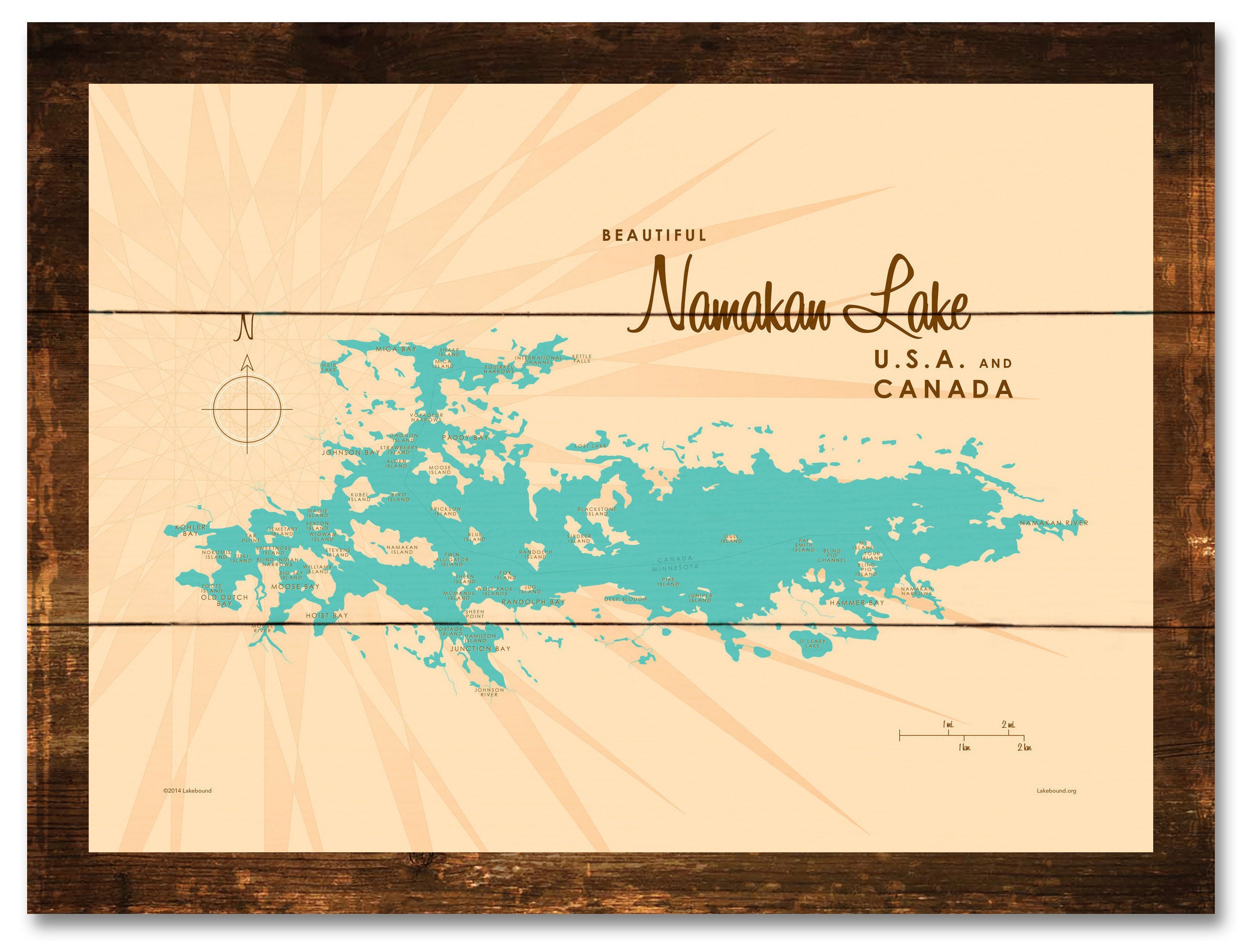 Namakan Lake Minnesota, Rustic Wood Sign Map Art 