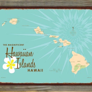 Hawaiian Islands | Lake House Décor | Cabin Art | Custom Map Gifts | Wood-Mounted Rustic Metal Sign Map Art