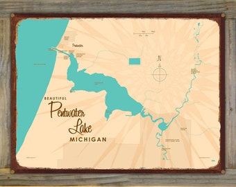 Lago Pentwater, Michigan / Decoración de casas en el lago / Arte de cabañas / Regalos de mapas personalizados / Letreros rústicos de metal montados en madera