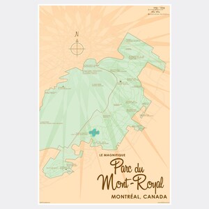 May include: A vintage-style map of Parc du Mont-Royal in Montreal, Canada, with a light green and beige color scheme. The map features the park's layout, labeled in French, with a compass rose and scale at the top. The title "Parc du Mont-Royal" is in a decorative font.