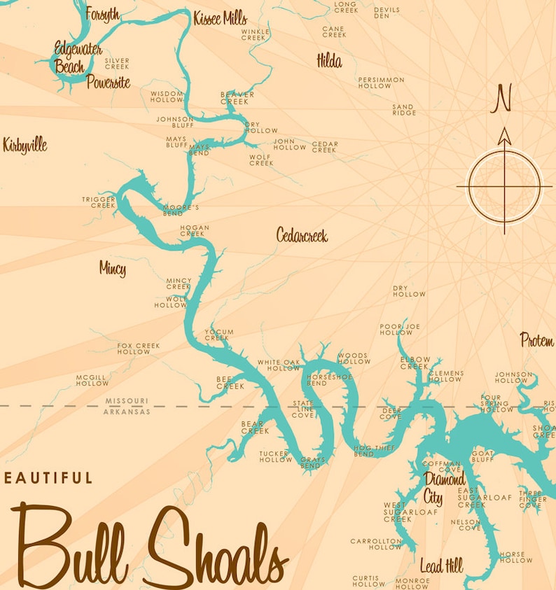 Bull Shoals Lake MO & AR Map Art Canvas Print Etsy