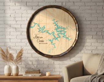 Lake of the Ozarks Round Map Wall Art, Missouri Lake House Decor (with Mile Markers), Rustic Lake Sign, lake map