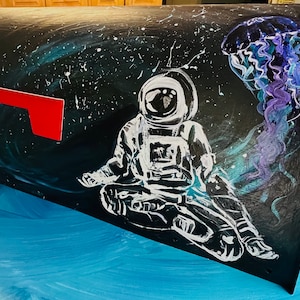 Astronaut Jellyfish Dragonfly hand painted galvanized steel mailbox with UV Protection, Optional house number, 10.9&quot;H x 8.7&quot;W x 22.6&quot;D