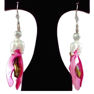 Fuchsia Pink Mother of Pearl Earrings - Statement Dangles in Sterling Silver with Gray & White Pearls - Boho Chic Jewelry -OOAK Wearable Art