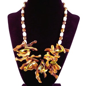 Brown Mother of Pearl Necklace - Statement Bib in Sterling Silver with Chocolate Brown & White Pearls - Boho Chic Jewelry -OOAK Wearable Art