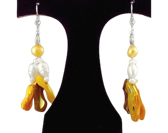 Yellow Mother of Pearl Earrings - Statement Dangles in Sterling Silver with Yellow & White Pearls - Boho Chic Jewelry - OOAK Wearable Art