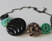 Collar buttons, jewelry, recycled, vintage, short, near the neck, green, turquoise, black, aluminium, necklace with chain, Vintage