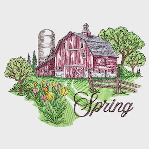 Peut inclure: Une broderie représentant une ferme rouge, un silo et une clôture en bois. La scène comprend de l'herbe verte, des arbres et des tulipes colorées. Le mot "Spring" est écrit en script en dessous de la ferme, évoquant un thème pastoral.