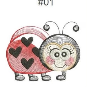 May include: A red ladybug with black spots and hearts on its back. It has a black and white face with big eyes and a smile. The ladybug is labeled #01.