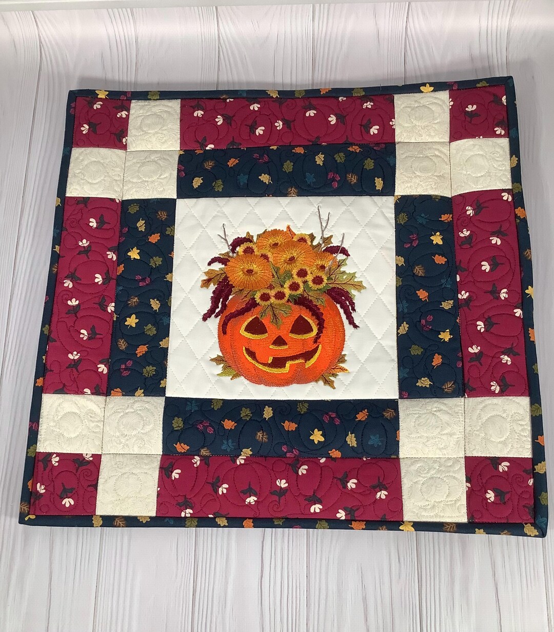 Autumn Embroidered Table Topper, Pumpkin Table Topper, Fall Quilted ...