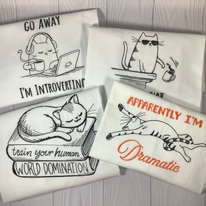 Embroidered Tea Towels, Flour Sack Towel, Kitchen Towel, Cat Towels