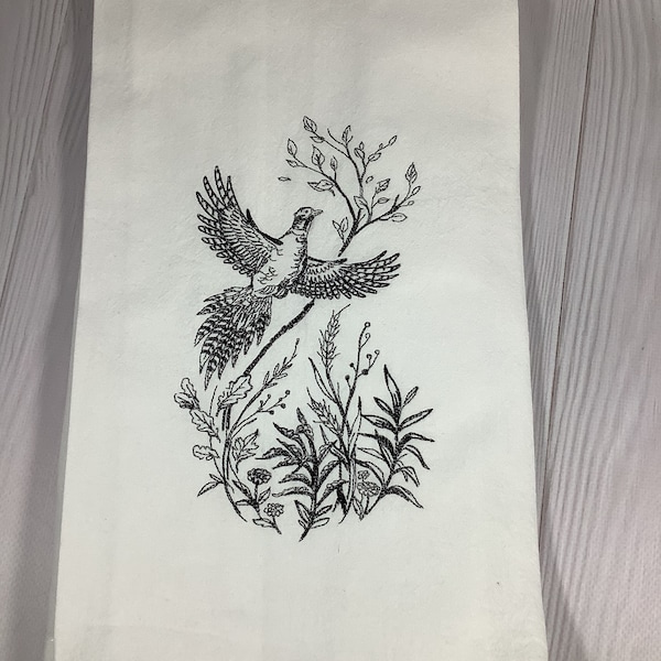 Embroidered Tea Towels, Embroidered Kitchen Towels, Pheasant Towels, Botanical Tea Towel