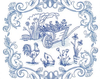 Embroidered Quilt Blocks - Countryside Farm Bluework Quilt Blocks - Choose your designs