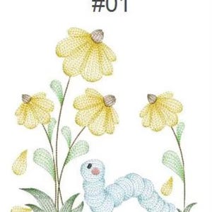 May include: Embroidered design featuring a blue caterpillar crawling through a field of yellow flowers with green stems and leaves. The design includes the text "#01" at the top.