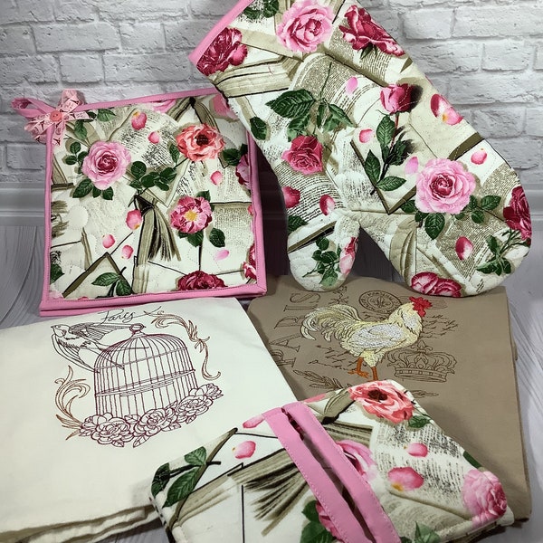 Create your own Paris Kitchen Gift Set, Pink Floral Quilted Potholder and Oven Mitt Gift Set, Tea Towel, Mini Potholders, Hot Pad, Trivet