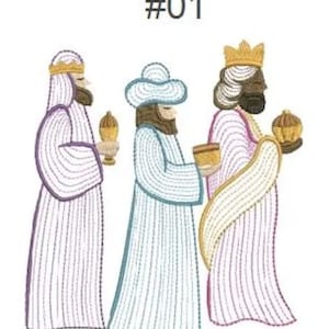 May include: Three Wise Men, a traditional Christmas illustration. The men are wearing robes in purple, blue, and pink, and are holding gifts. The image is labeled #01.