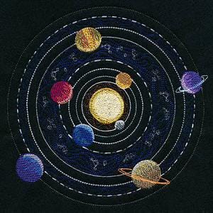 May include: Embroidered solar system design on a black background. The sun is yellow, surrounded by planets in various colors: gold, red, blue, and purple. Each planet orbits a central sun along white dotted lines. The design includes small white stars.