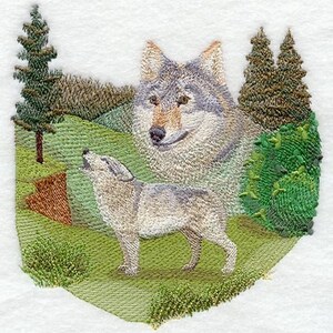 May include: Embroidered design of two wolves in a forest setting. The wolf in the foreground is standing on a grassy hill, while the wolf in the background is partially hidden behind a tree. Both wolves are gray and white.