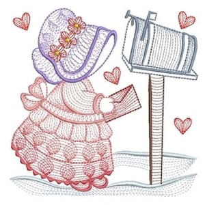 May include: A series of embroidered designs featuring children and seasonal themes. One design shows a snowman with a child, another a child with a mailbox, and a third with a rainbow and shamrocks.