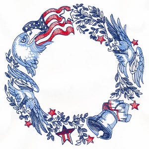 Embroidered Quilt Block - 4th of July Patriotic Quilt Block - Patriotic Wreath Quilt Block-Cotton or Canvas