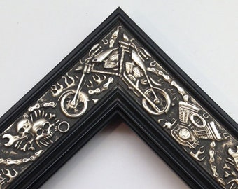 Harley Davidson Motorcycle Picture Frame, Silver and Black 3x5, 4x6, 5x7, 8x10, 11x14, 18x24+ Custom Sizes, Chopper Biker Picture Frame