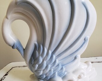 UK vase in royal blue featuring white swans Lovely Miniature Jill Pryke JP Pottery Studio England
