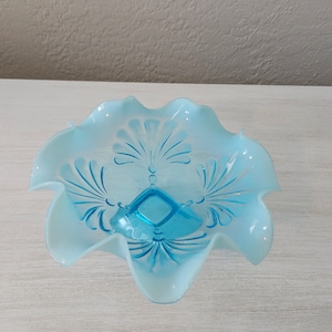 Antique Jefferson Glass Blue Opalescent Footed Fan Bowl