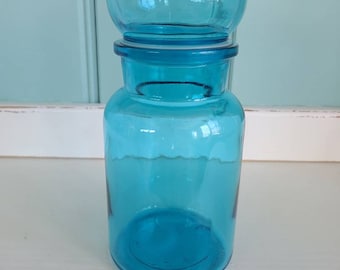 Vintage Belgian Mod blue glass canister with lid - apothecary jar