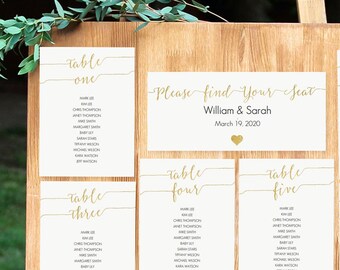 Printable Gold Seating Chart Kit - Editable PDF - gold faux foil - Tables 1-30 - Wedding Seating Chart Printable - 5x7 inches cards- #GD0817