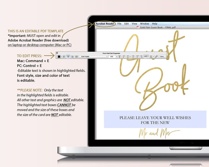 Printable Gold Guest Book Sign Wedding Sign Instant Download Editable PDF Gold Framable Guestbook Sign 8x10 inches GD0319 image 4