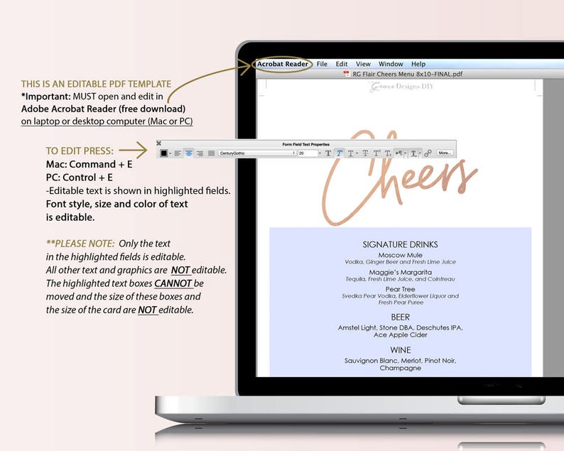 Rose Gold Cheers Bar Menu Printable Wedding Sign Instant Etsy