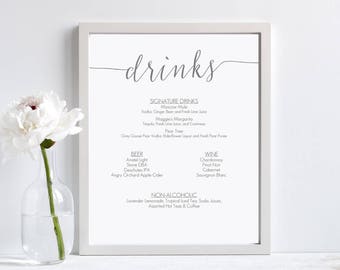 Charcoal Gray Drinks Bar Menu Printable Sign - Instant Download - Grey Signature Cocktails sign - Wedding bar menu - 8x10 inches - #GD1002