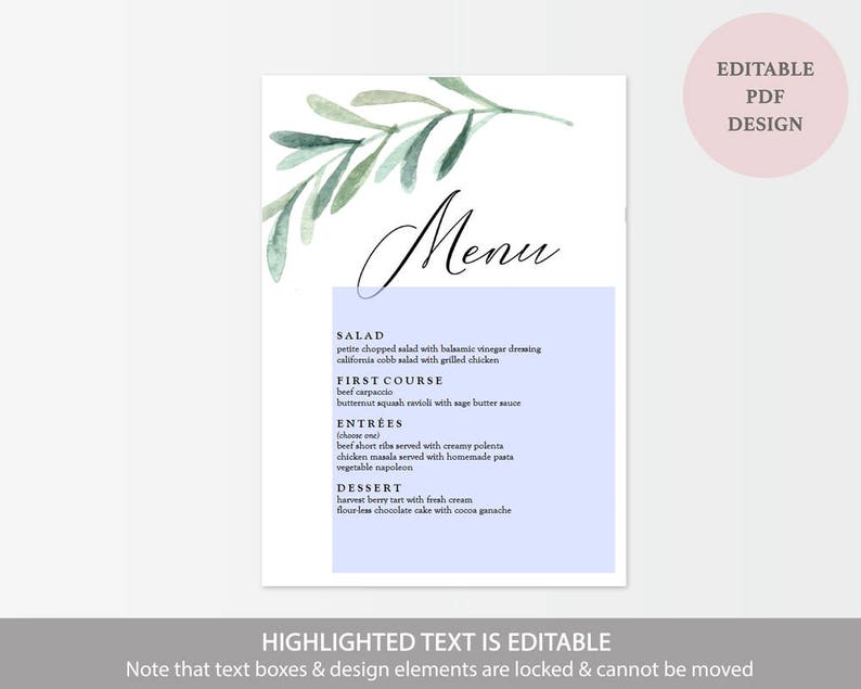 Greenery Wedding Menu Olive Leaf Menu Download Eucalyptus Etsy