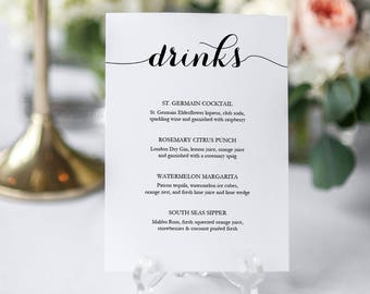 Printable Drinks Menu Sign - Wedding Bar menu - Signature Cocktails Sign - Instant Download - Banquet Party Bar Menu - 5x7 inches - #GD1302