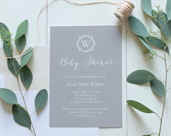 Gray Wreath Baby Shower Invitation - Editable PDF - Baby Boy - Baby Girl - DIY invite - Editable PDF - Instant Download-5x7 inches - #GD3004