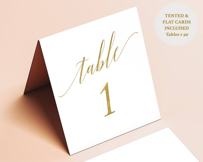 Tented Gold Table Numbers Printable Table Number Set Tables 1-50 Gold Foil Instant Download 4 x 4.5 inches folded and flat GD3406 image 2